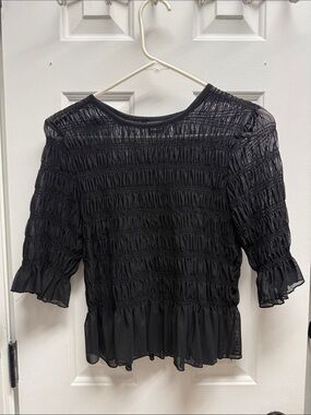 Black Smocked Ruffle-Hem Women's Blouse
